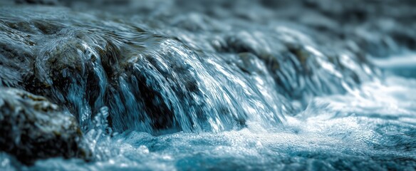 Waterfall in motion, cascading over rocks with blue and white water colors, close-up view, blurred background of natural landscape Generative AI