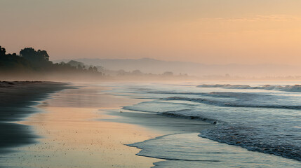 Fototapeta premium Beautiful beach sunrise landscape with ocean waves and misty morning horizon view