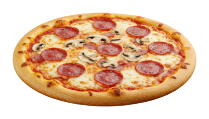 Delicious pepperoni pizza served hot italian restaurant food cozy atmosphere top-down culinary delight. Cut out PNG