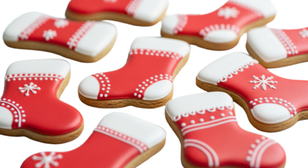 Weihnachtsstiefel-Kekse mit rotem Zuckerguss und weißem Rand, transparenter Hintergrund, PNG