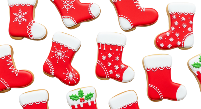 Weihnachtsstiefel-Kekse mit rotem Zuckerguss und weißem Rand, transparenter Hintergrund, PNG