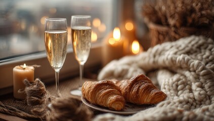Cozy windowsill with champagne and croissants