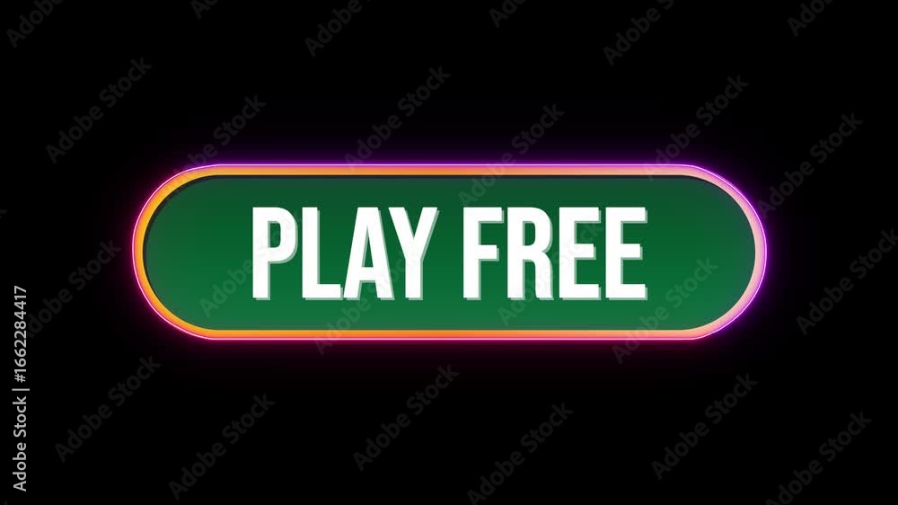 Poster play free, button click animation with computer mouse cursor and luxury neon glow colorful border on