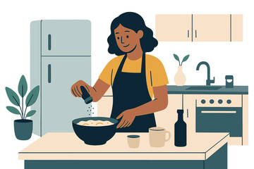 Flat vector illustration of a young woman cooking a healthy breakfast, including fried eggs, vegetables, and fruit, in her home kitchen, with the meal served on a plate and isolated on a white