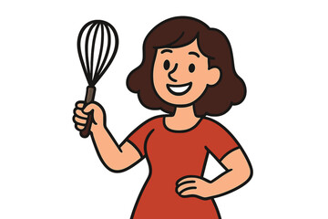 Senior cook Happy Baker Granny is making something delicious at home from scratch with a Wire Whisk in a Vector Cartoon