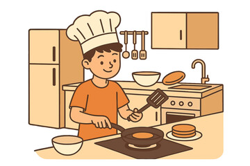 Modern kitchen interior design background with pile of pancakes on plate, happy kid in hat and apron making sweet food, little boy cooking pancakes on pan at home, vector illustration