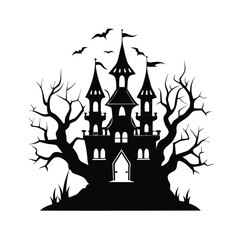 Spooky haunted castle with gnarled twisted trees line art illustration