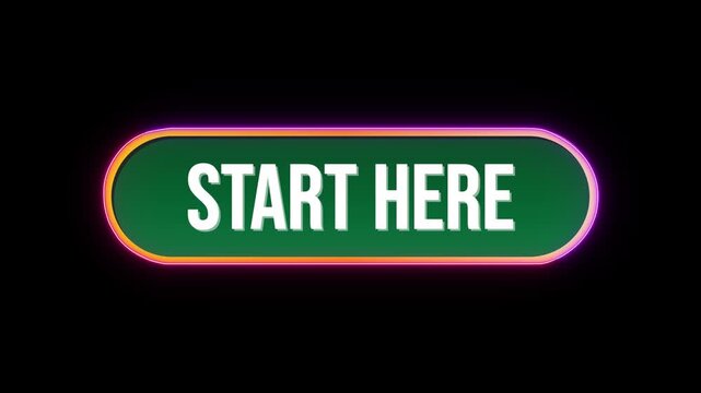 Start Here, Button Click Animation with Computer Mouse Cursor and Luxury Neon Glow Colorful Border on Black Background