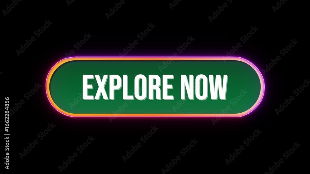 Poster explore now, button click animation with computer mouse cursor and luxury neon glow colorful border 