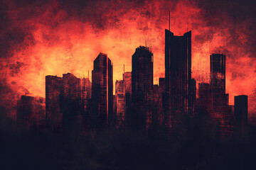 Dystopian cityscape with tall dark buildings against fiery sky