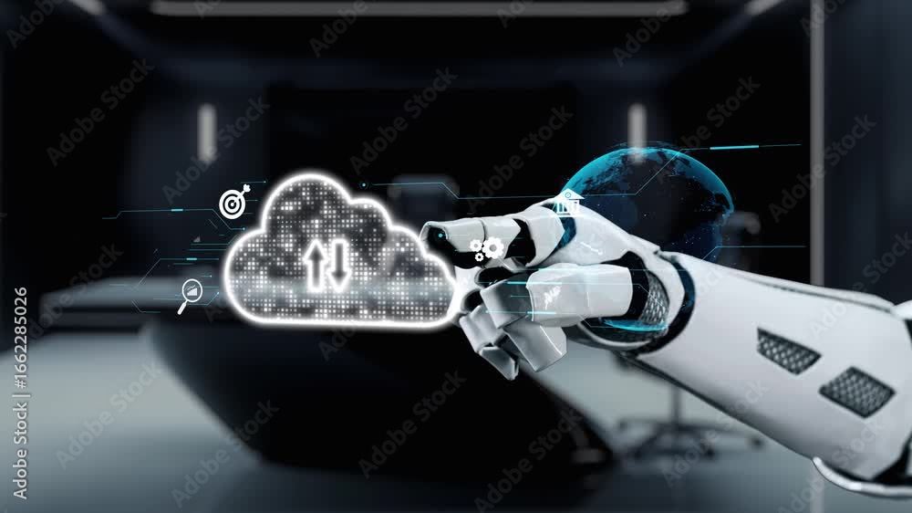 Poster a robotic hand engages with a cloud computing interface, showcasing digital elements and advanced te