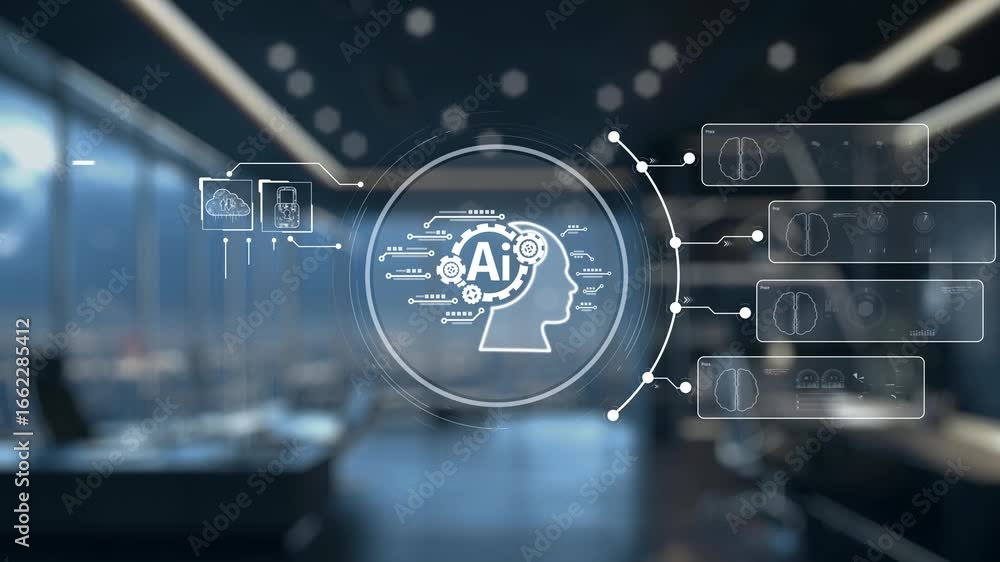 Poster a futuristic robot interacts with an advanced ai technology interface, showcasing key concepts relat