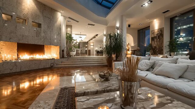 Modern and spacious living room in penthouse apartment with fireplace, large sofa and city view at night