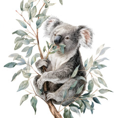 Watercolor Koala Bear Eating Eucalyptus Leaves on Branch - Cute Australian Animal Illustration on White Background