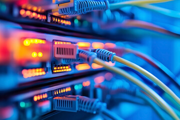 Illuminated network equipment, representing data transfer and connection speeds