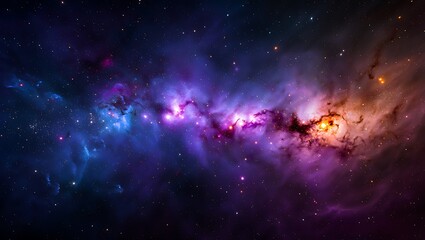 Naklejka premium Cosmic Nebula: Vibrant Purple and Blue Galactic Landscape, Stellar Dust and Glowing Stars.