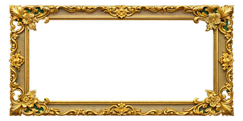 Ornate Gold Picture Frame with Floral Embellishments and Green Accents photo isolated on a transparent background