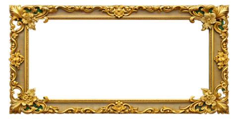 Ornate Gold Picture Frame with Floral Embellishments and Green Accents photo isolated on a transparent background
