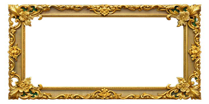 Ornate Gold Picture Frame with Floral Embellishments and Green Accents photo isolated on a transparent background - Powered by Adobe