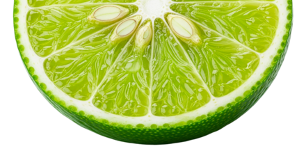 A close up of a half cut lime showing the segments seeds and rind against a space