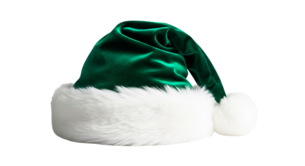 A festive green santa hat with white fur trim isolated against a in a studio shot
