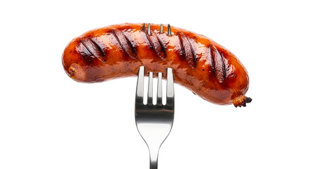 A grilled sausage pierced by a metal fork against a stark studio shot food photography