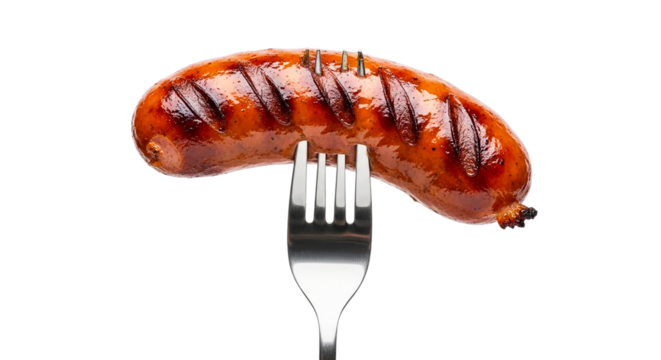 A grilled sausage pierced by a metal fork against a stark studio shot food photography
