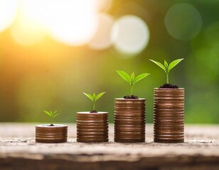 Seedlings growing on increasing stacks of coins representing the concept of financial investment and wealth accumulation.