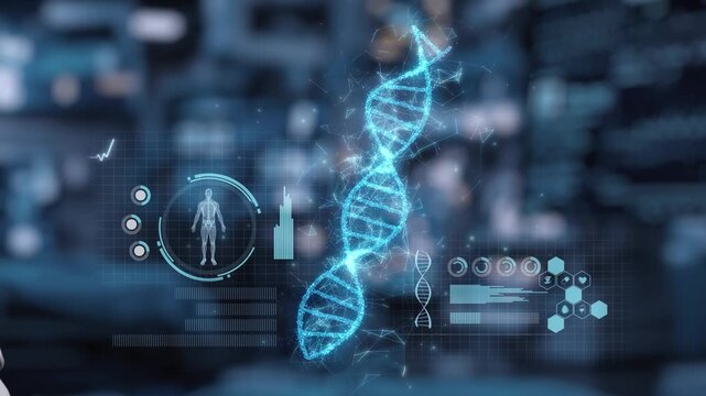 Close up of robotic hand pointing and tapping at DNA hologram with blur laboratory background. Robotic hand clicking at DNA icon to access and connect medical data to diagnosis symptom. Salubrious.