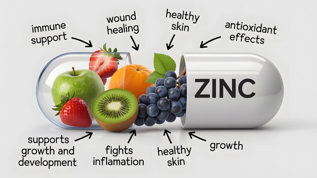 Zinc capsule ,zinc mineral capsule : Vibrant fruits burst forth from an open capsule, symbolizing the health benefits and essential role of zinc. 