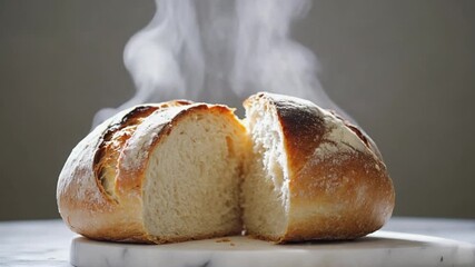 Freshly baked artisanal bread loaf with steam rising, displayed on a marble surface - Powered by Adobe