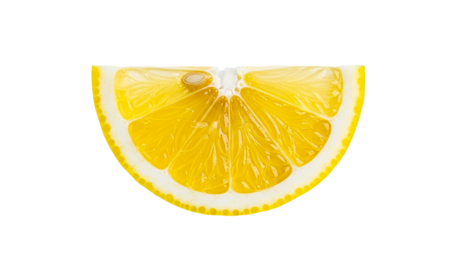 A close up view of a half slice of a bright yellow lemon showing the fruit pulp