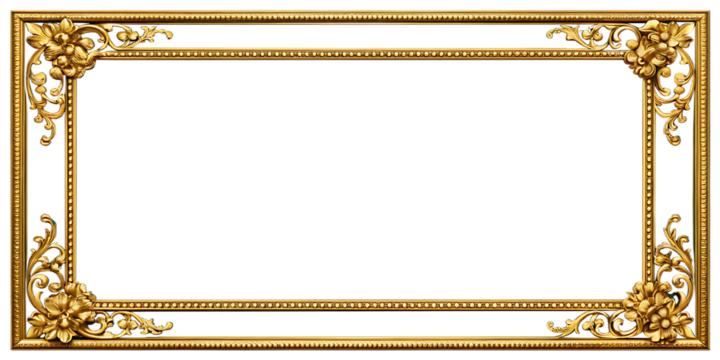 Ornate Golden Rectangle Frame with Floral Scrollwork and Background decorative isolated on a transparent background