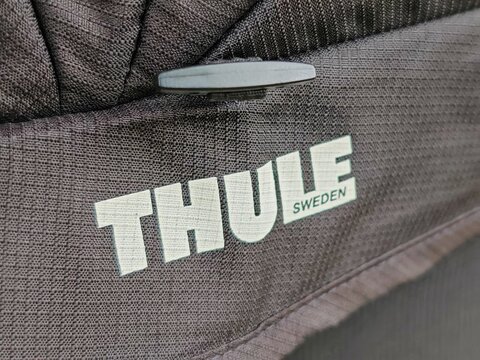 Prague,Czech Republic-May 6 2025: THULE brand logo displayed on modern child carriage frame