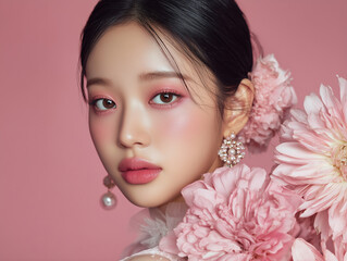 ピンクメイクと花に囲まれたアジア人女性のビューティーポートレート（美容 コスメ 広告）