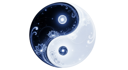 Yin yang symbol with lotus flowers and swirling designs in black and white color scheme art piece