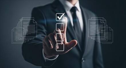 Businessman checking off a list suit checklist