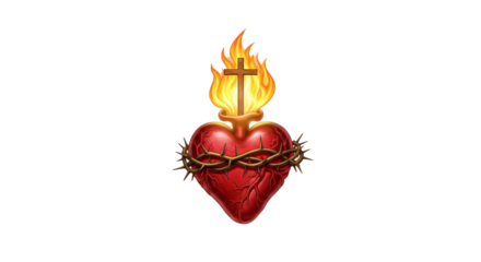 A flaming heart with a cross and crown of thorns on a black background digital illustration art