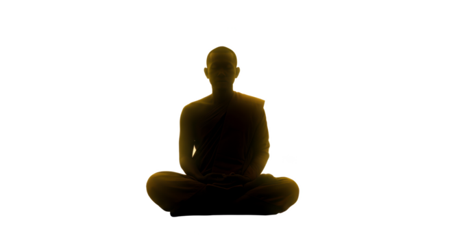 Silhouette of a person meditating in lotus position against a dark background with a golden glow effect