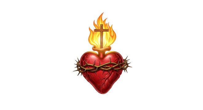 A flaming heart with a cross and crown of thorns on a black background digital illustration art