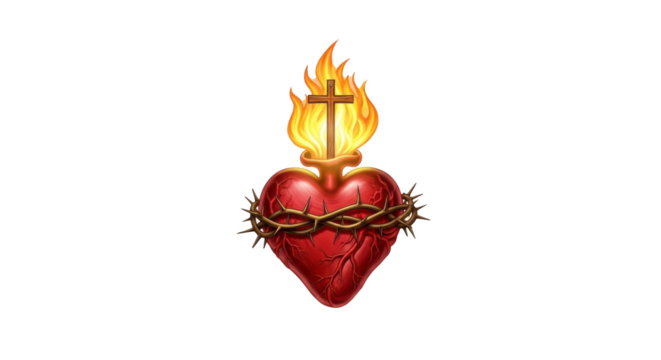 A flaming heart with a cross and crown of thorns on a black background digital illustration art