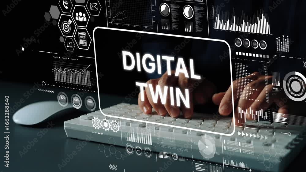 Poster virtual representation concept with text overlay of digital twin and futuristic data visualization o