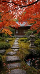 Fototapeta premium A tranquil Japanese garden scene with a winding stone path leading towards a traditional wooden house. The path is bordered by lush green moss