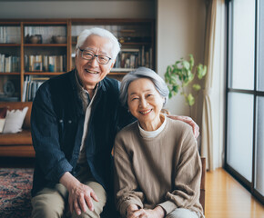 自然光あふれるリビングで笑顔の日本人シニア夫婦を撮影（家族 広告 暮らし）シンプルで清潔感のある暮らしの中で撮影されたシニアポートレート