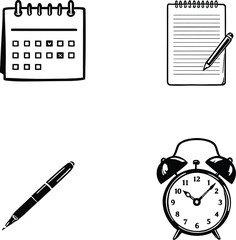 Fototapeta premium A set of four black and white icons depicting a calendar, notebook, pen, and alarm clock on white background