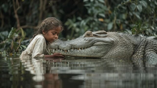 Young indigenous girl interacting with crocodile in river amazon rainforest, concept of connection with nature and wildlife conservation