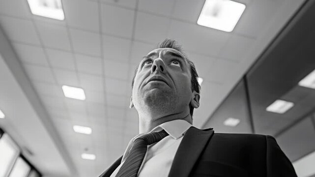 A man wearing a suit and tie is looking up at the ceiling. He is wearing a tie that is tied in a Windsor knot