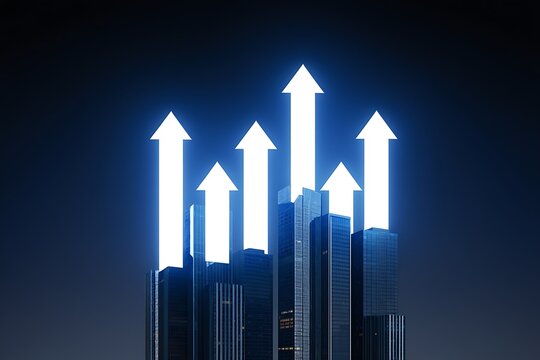 Glowing Upward Arrows Soaring Above Modern Cityscape: Nighttime Business Growth Concept