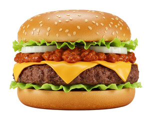 Savoring a delicious cheeseburger fast food restaurant food indoor culinary delight. Cut out PNG