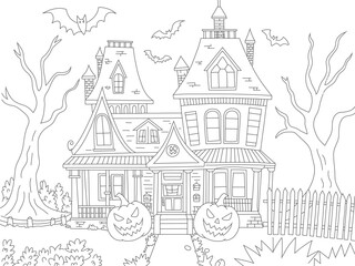 Spooky Haunted House with Pumpkins and Bats
